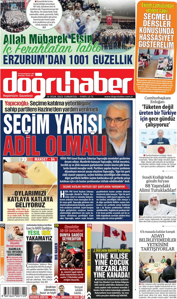 Doğurhaber Gazetesi 14 Ocak 2023, Cumartesi Günü Manşeti