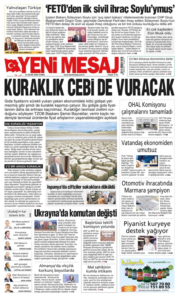 Yeni Mesaj Gazetesi 13 Ocak 2023, Cuma Günü Manşeti