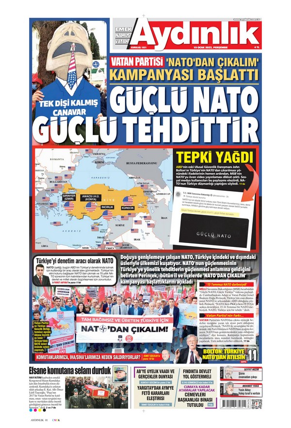 Aydınlık Gazetesi 19 Ocak 2023, Perşembe Günü Manşeti