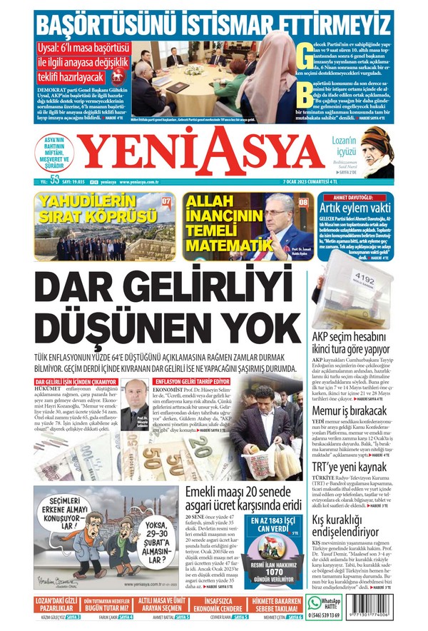 Yeni Asya Gazetesi 7 Ocak 2023, Cumartesi Günü Manşeti