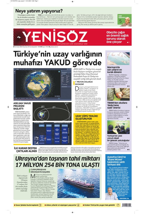 Yenisöz Gazetesi 16 Ocak 2023, Pazartesi Günü Manşeti