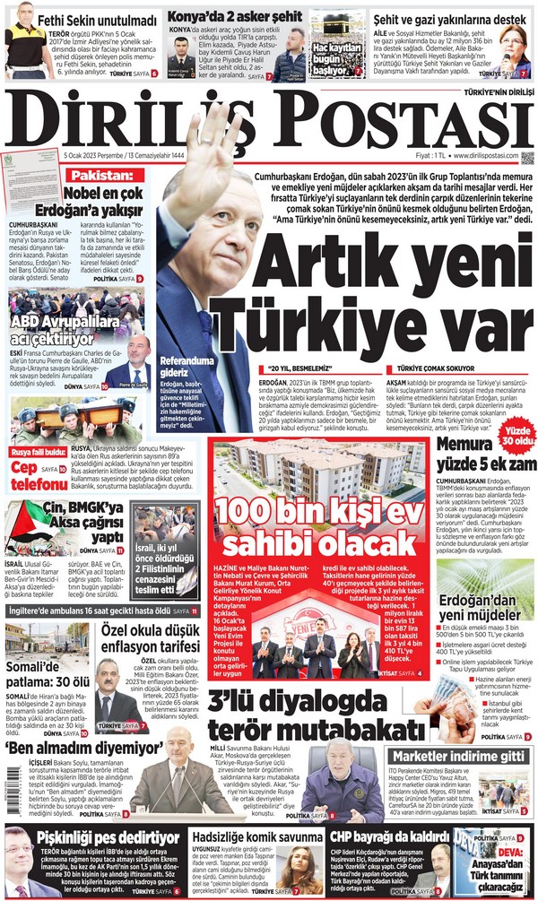 Diriliş Postası Gazetesi 5 Ocak 2023, Perşembe Günü Manşeti