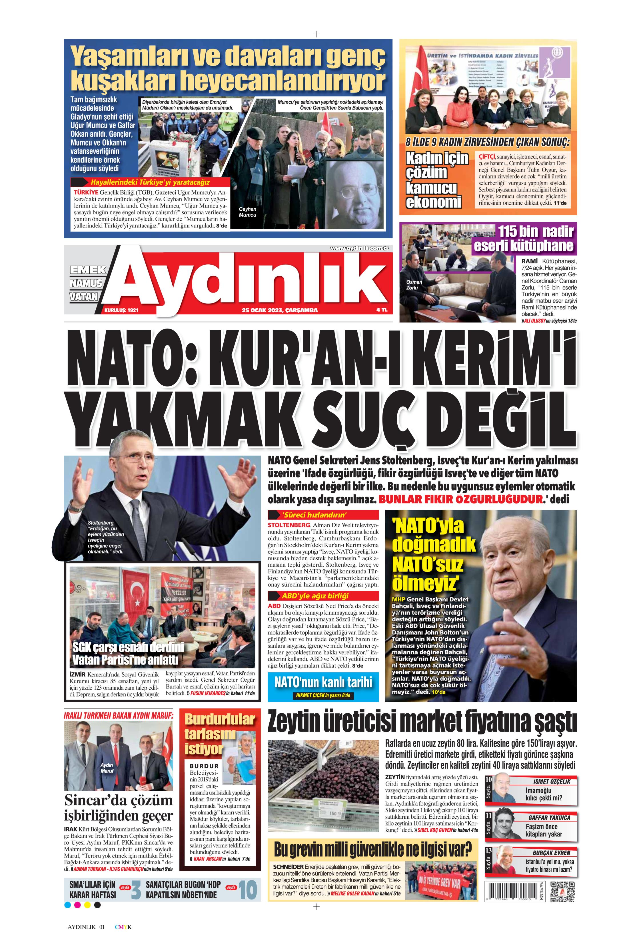 Aydınlık Gazetesi 25 Ocak 2023, Çarşamba Günü Manşeti