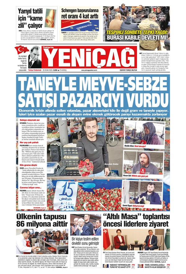 Yeniçağ Gazetesi 20 Ocak 2023, Cuma Günü Manşeti