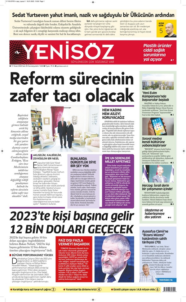 Yenisöz Gazetesi 17 Ocak 2023, Salı Günü Manşeti