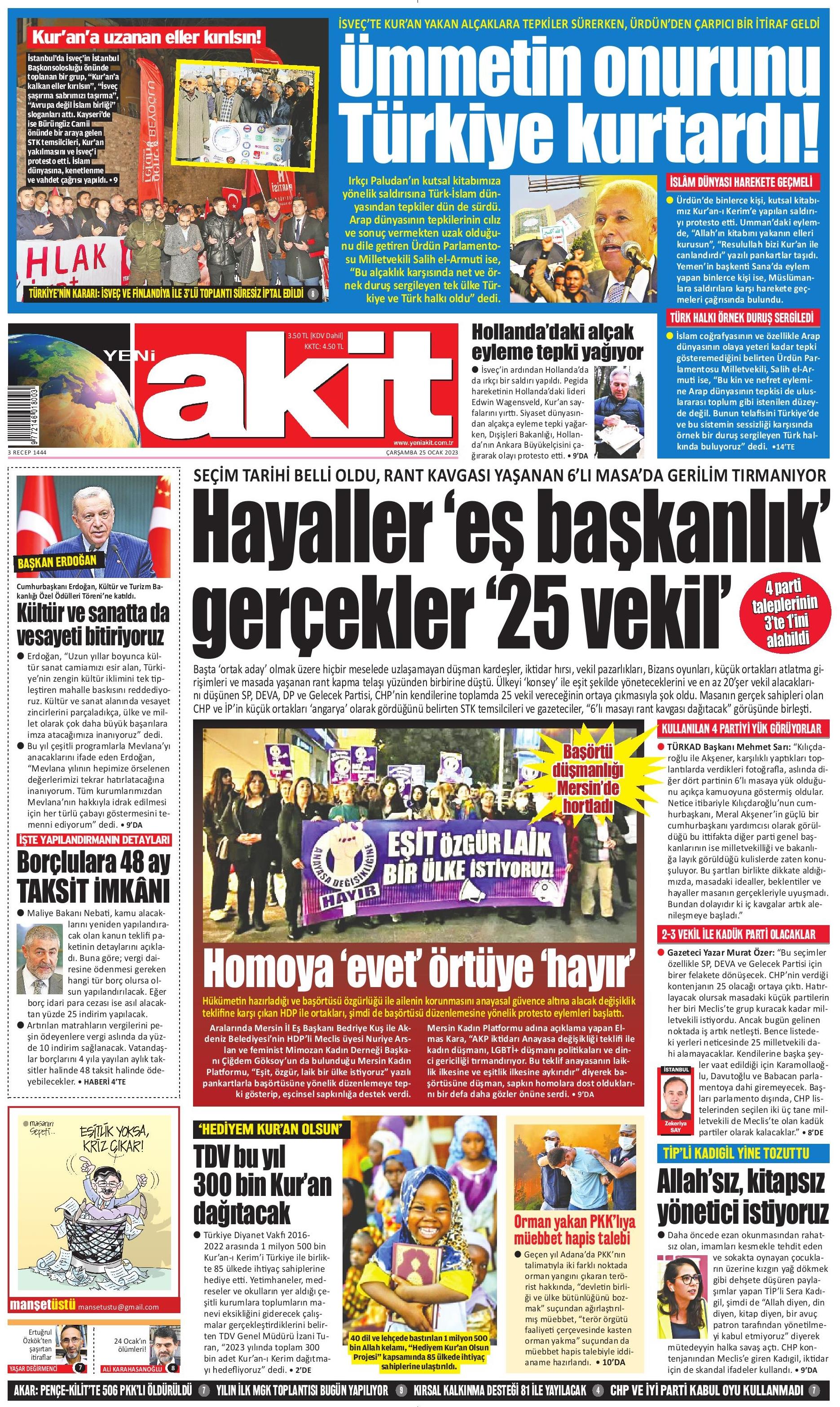 Yeni Akit Gazetesi 25 Ocak 2023, Çarşamba Günü Manşeti