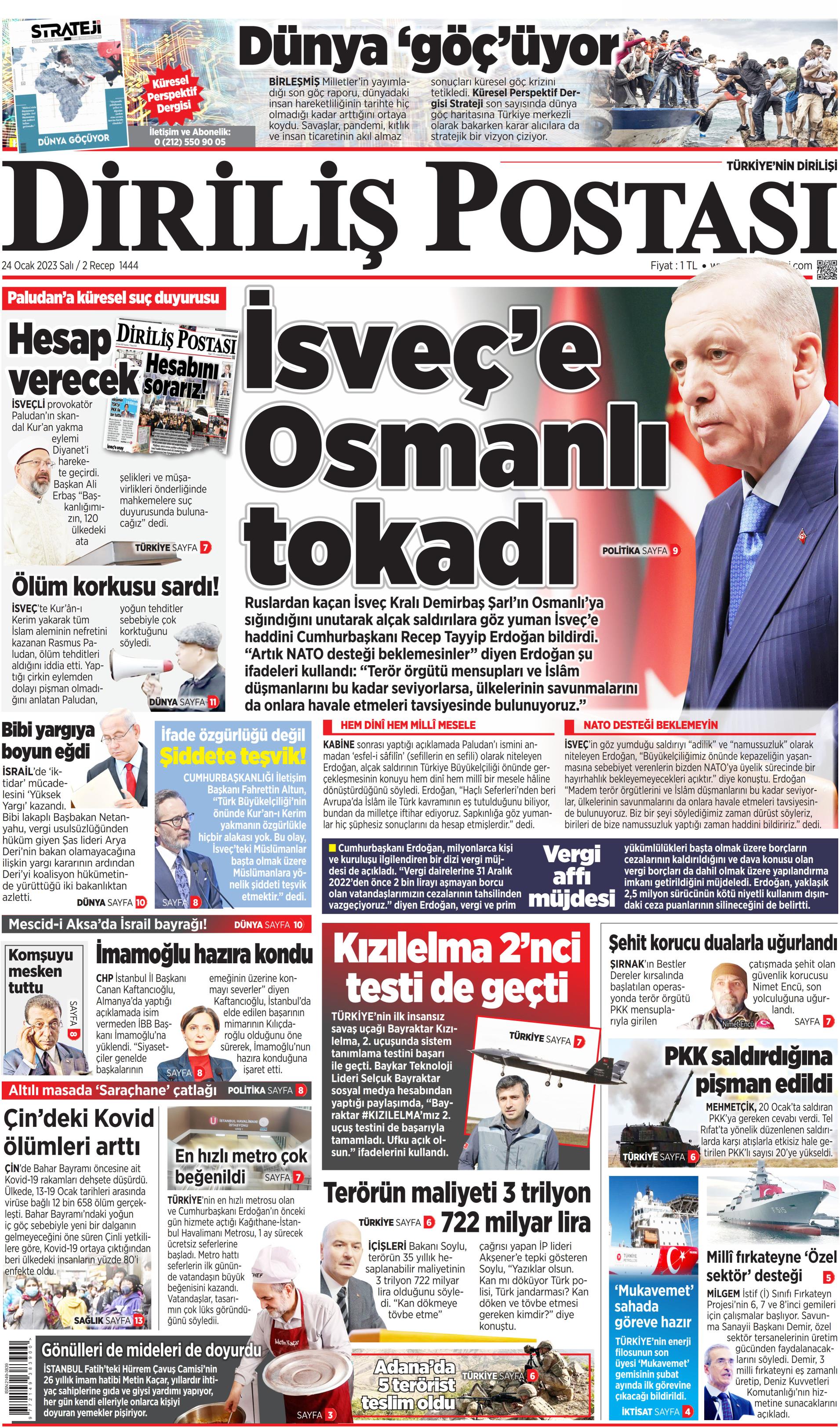 Diriliş Postası Gazetesi 24 Ocak 2023, Salı Günü Manşeti