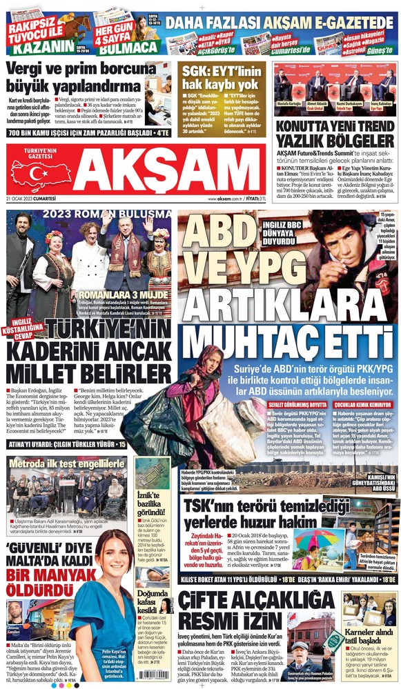 Akşam Gazetesi 21 Ocak 2023, Cumartesi Günü Manşeti