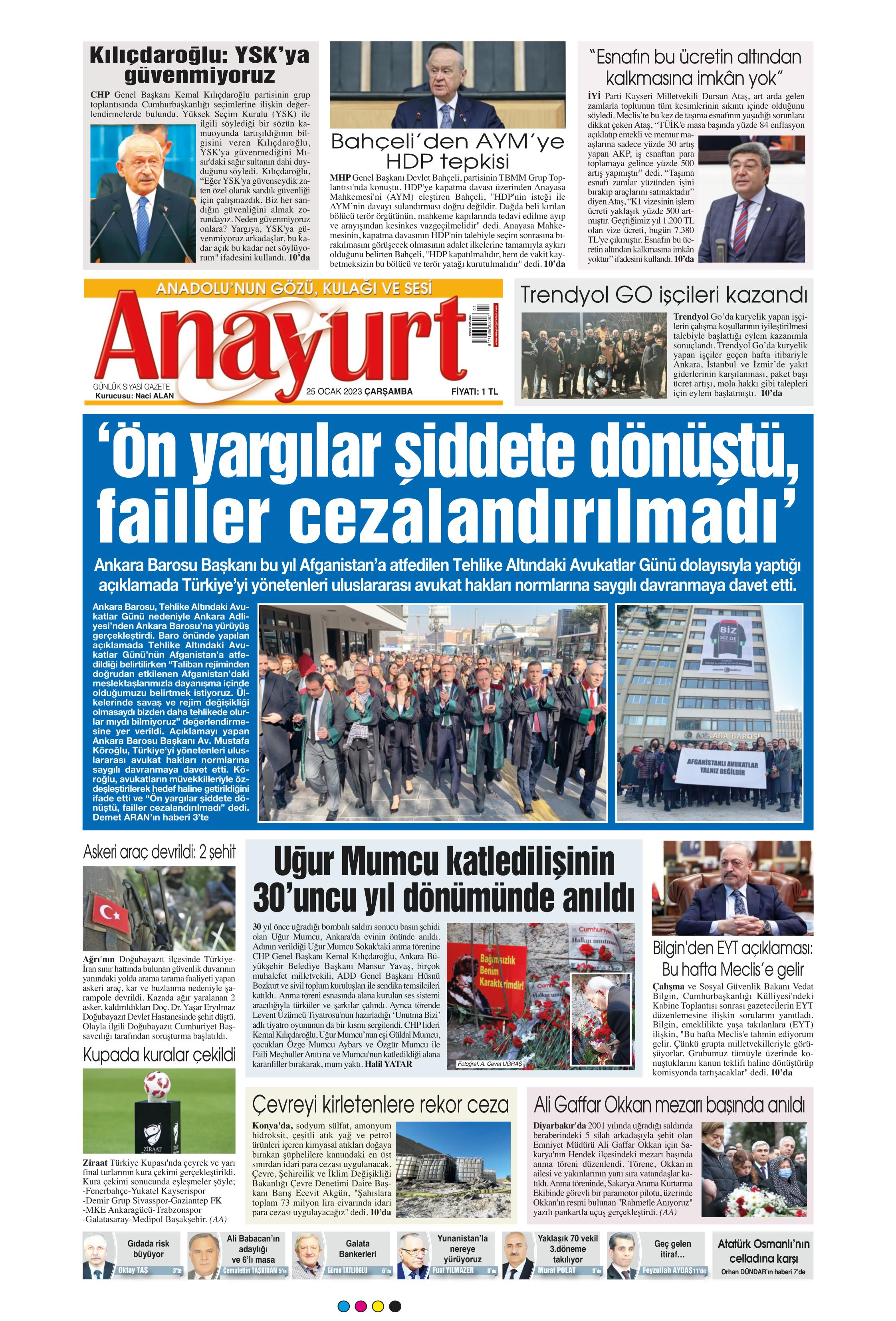 Anayurt Gazetesi 25 Ocak 2023, Çarşamba Günü Manşeti