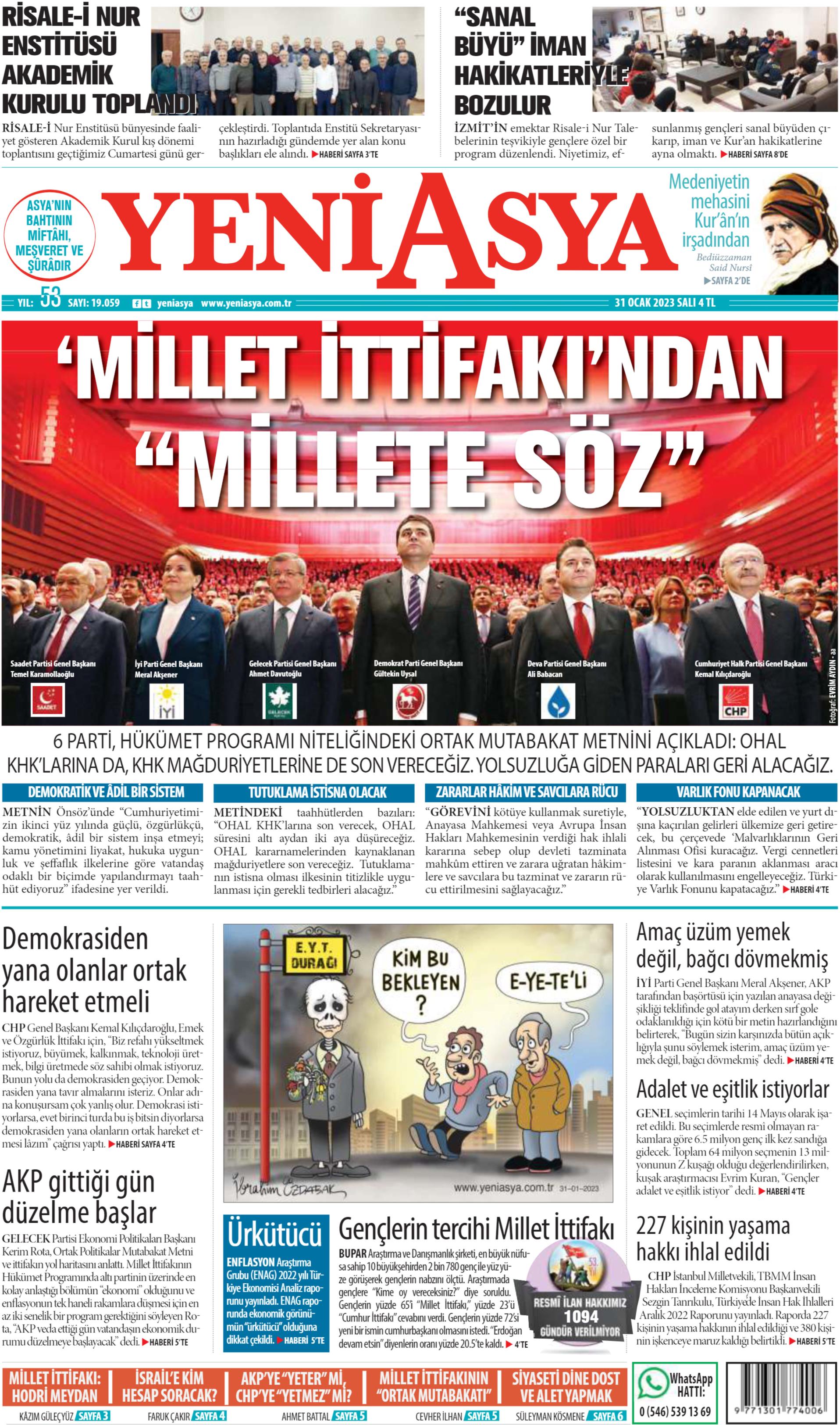 Yeni Asya Gazetesi 31 Ocak 2023, Salı Günü Manşeti