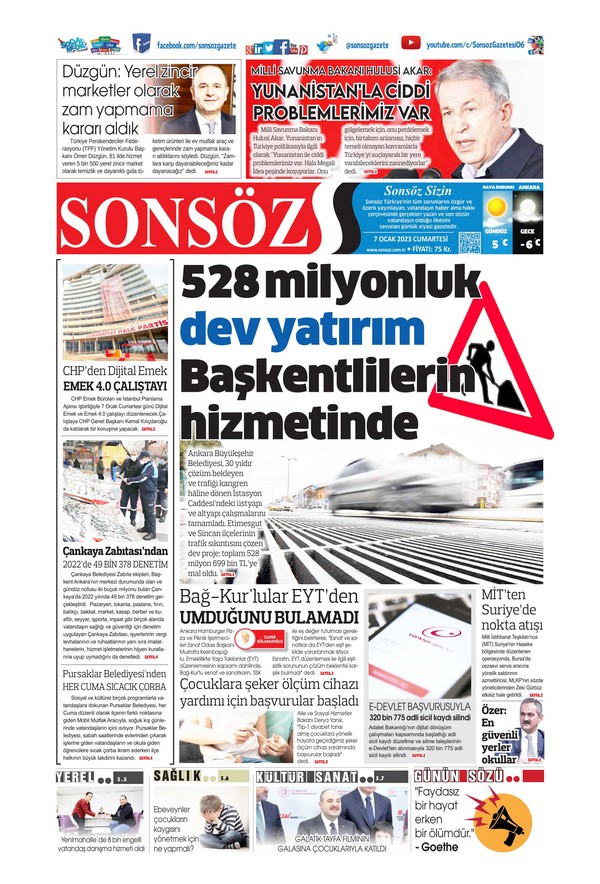 Sonsöz Gazetesi 7 Ocak 2023, Cumartesi Günü Manşeti