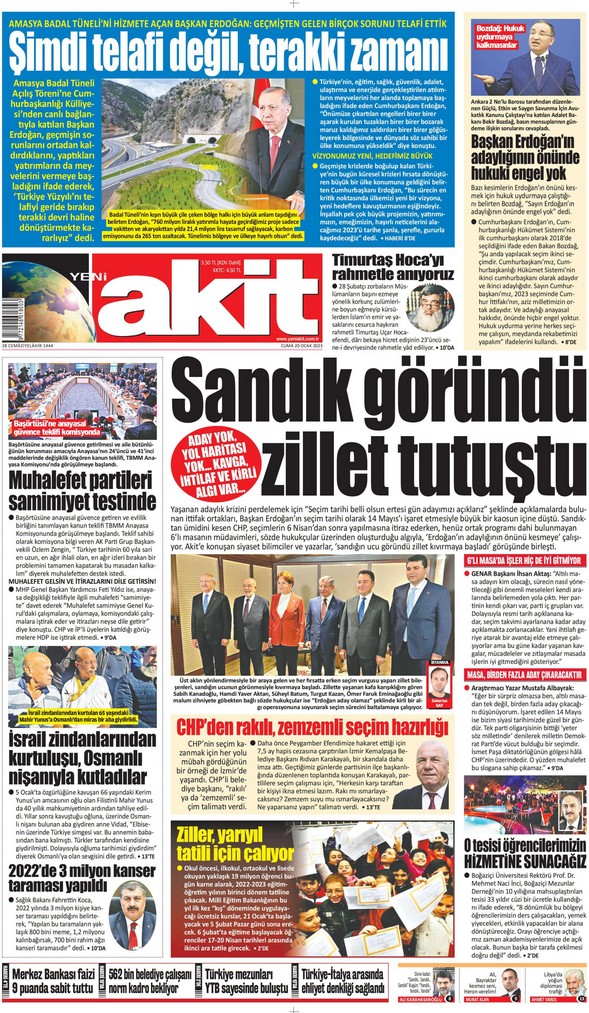 Yeni Akit Gazetesi 20 Ocak 2023, Cuma Günü Manşeti