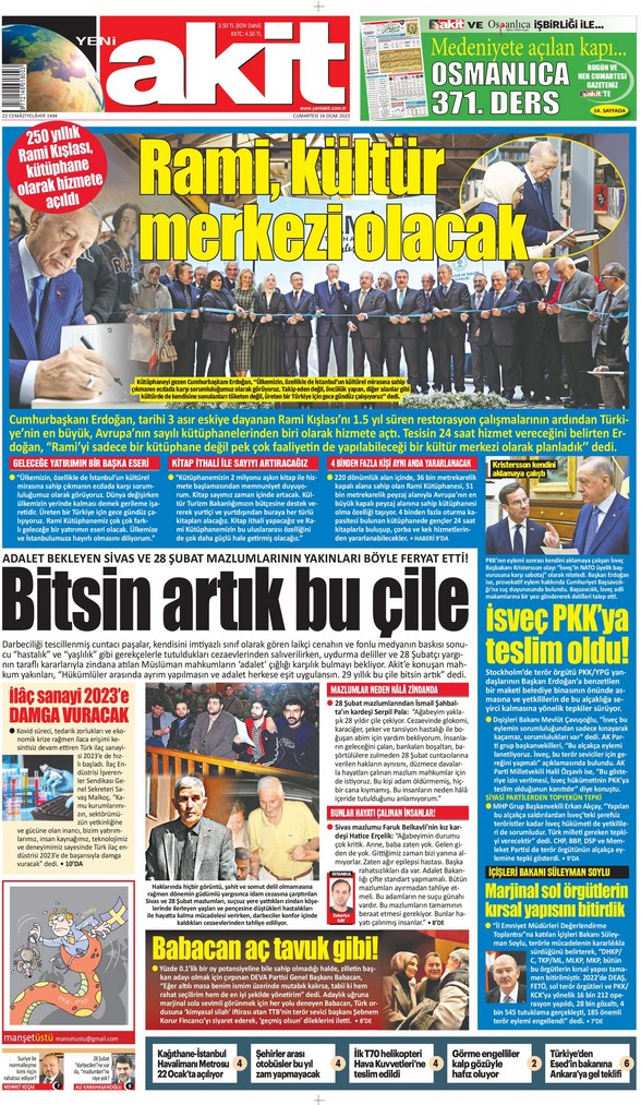 Yeni Akıt Gazetesi 14 Ocak 2023, Cumartesi Günü Manşeti