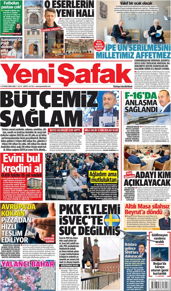 Yeni Şafak Gazetesi 17 Ocak 2023, Salı Günü Manşeti