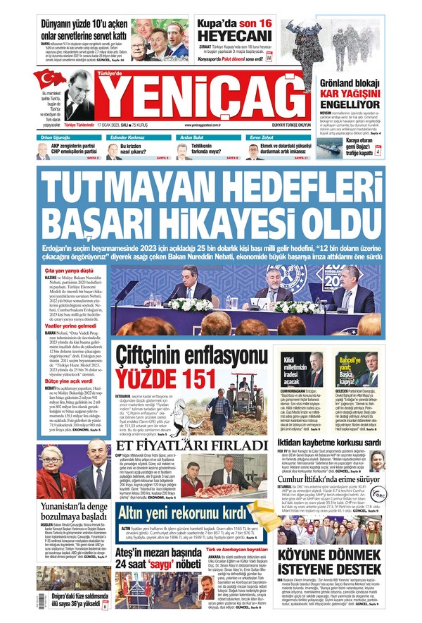 Yeniçağ Gazetesi 17 Ocak 2023, Salı Günü Manşeti