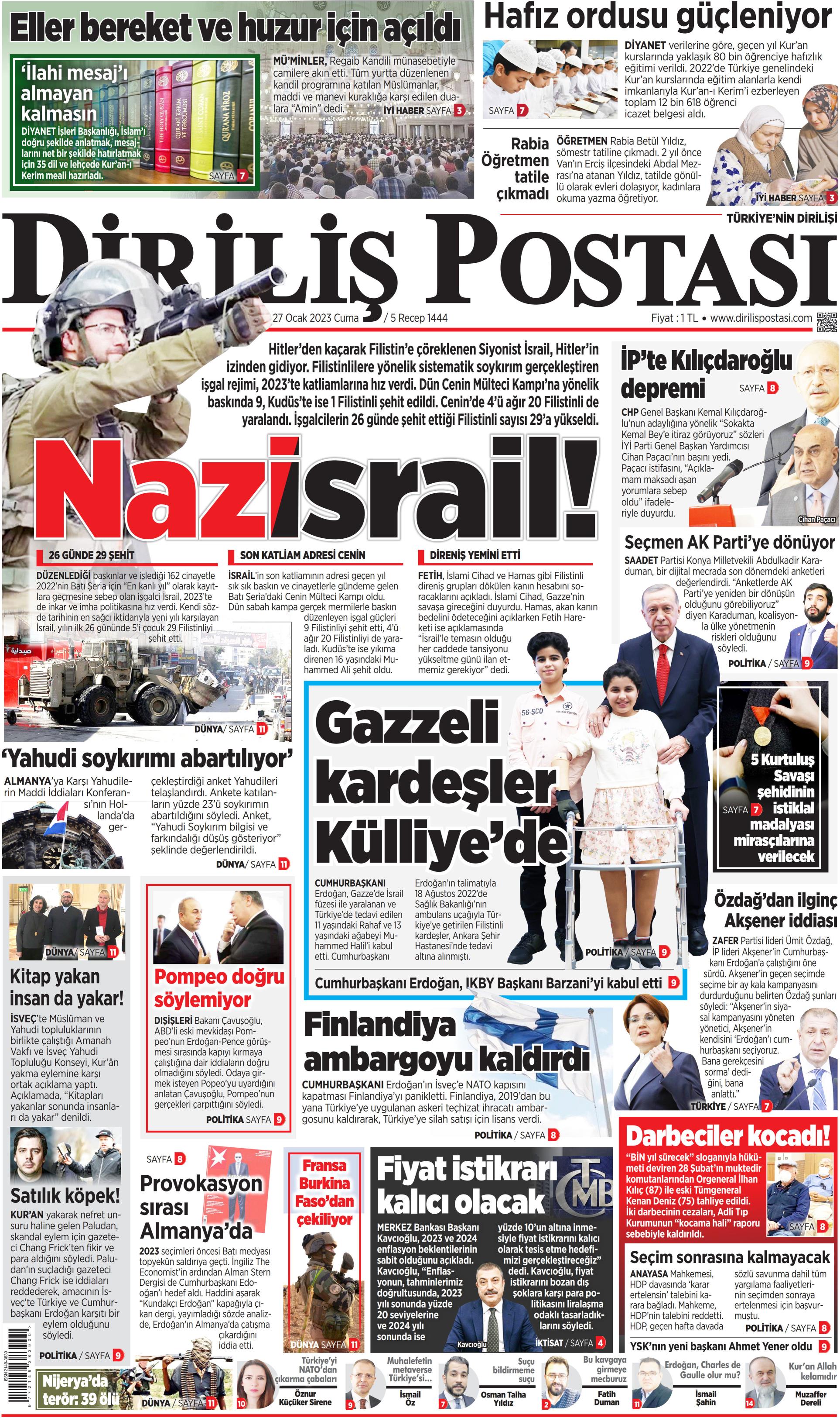 Diriliş Postası Gazetesi 27 Ocak 2023, Cuma Günü Manşeti