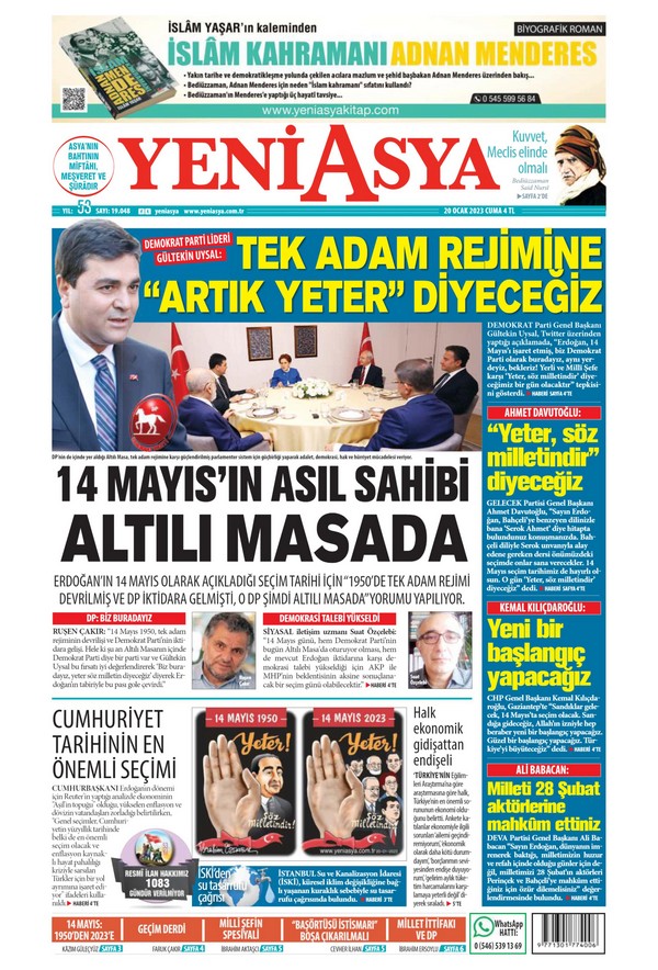 Yeni Asya Gazetesi 20 Ocak 2023, Cuma Günü Manşeti