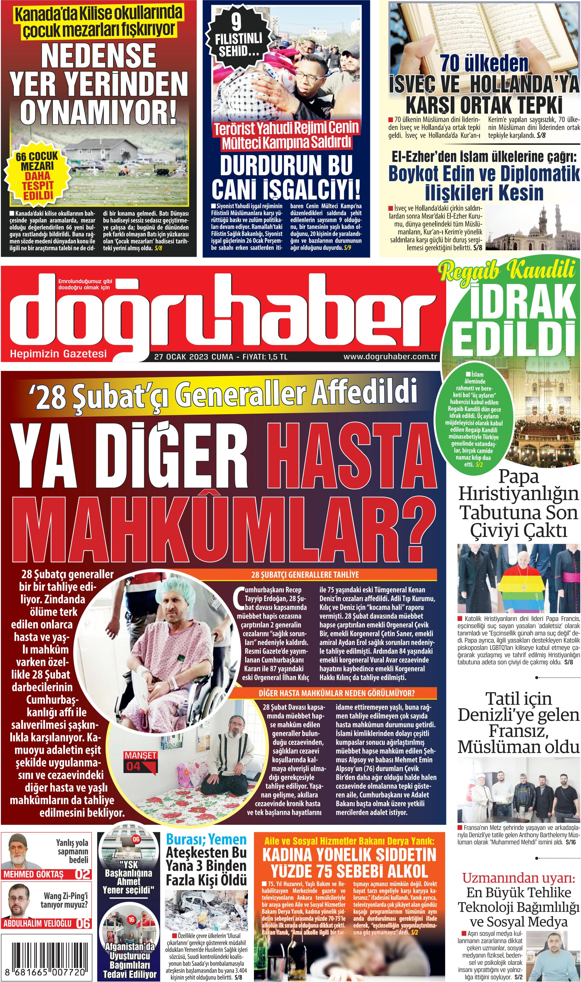 Doğruhaber Gazetesi 27 Ocak 2023, Cuma Günü Manşeti