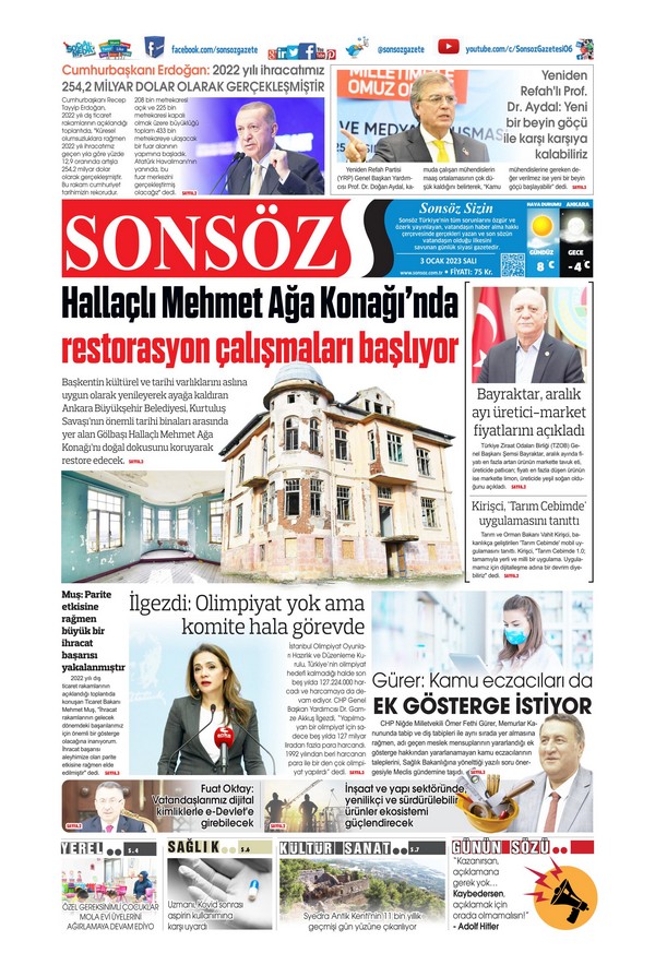 Sonsöz Gazetesi 3 Ocak 2023, Salı Günü Manşeti