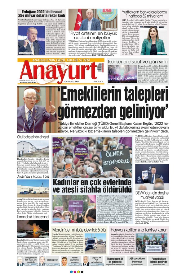 Anayurt Gazetesi 3 Ocak 2023, Salı Günü Manşeti