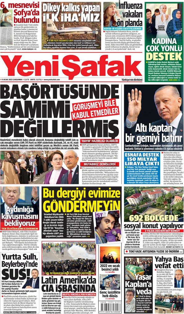 Yeni Şafak Gazetesi 11 Ocak 2023, Çarşamba Günü Manşeti