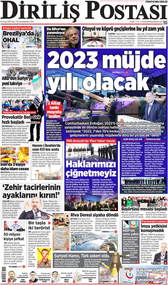 Diriliş Postası Gazetesi 10 Ocak 2023, Salı Günü Manşeti