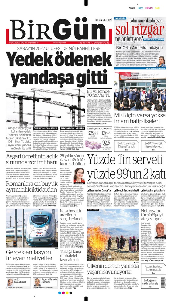 Birgün Gazetesi 17 Ocak 2023, Salı Günü Manşeti