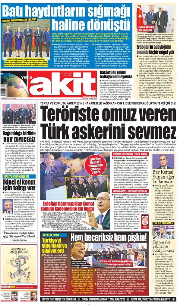 Yeni Akit Gazetesi 12 Ocak 2023, Perşembe Günü Manşeti