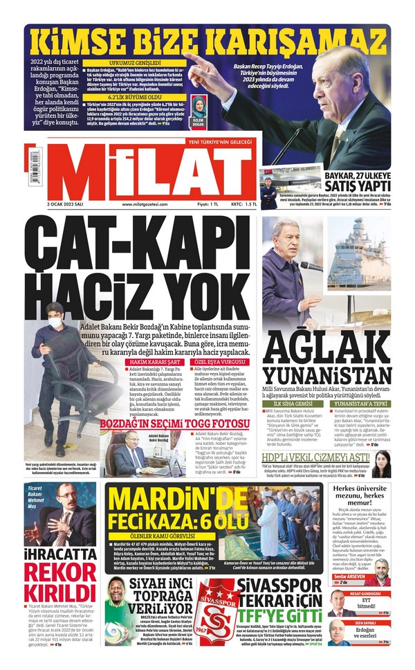 Milat Gazetesi 3 Ocak 2023, Salı Günü Manşeti