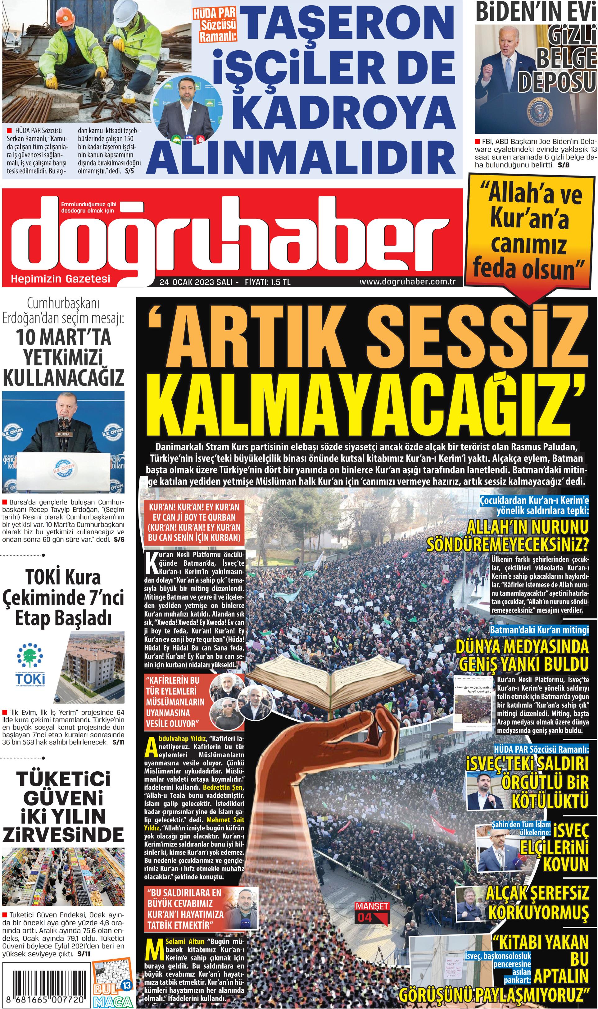 Doğruhaber Gazetesi 24 Ocak 2023, Salı Günü Manşeti