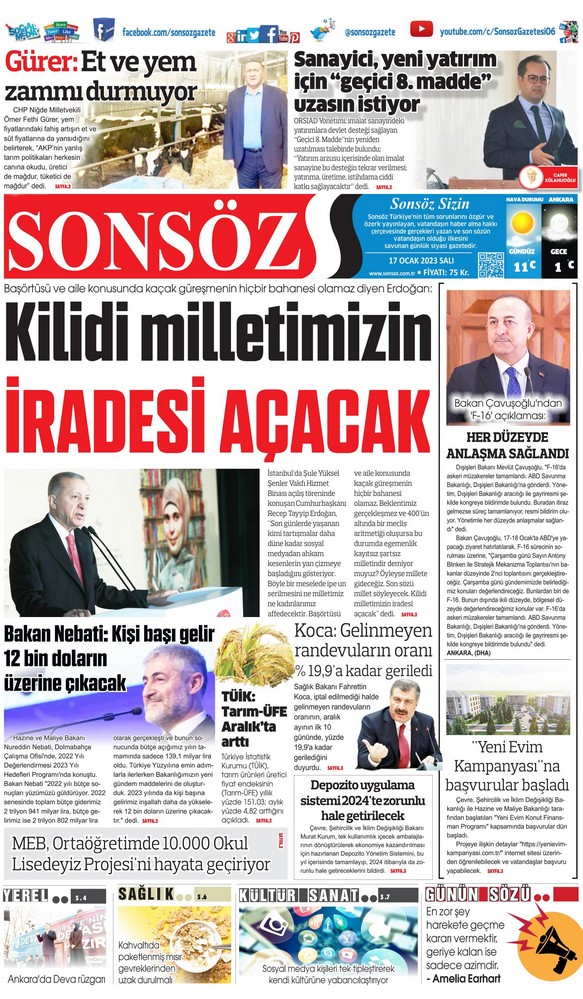 Sonsöz Gazetesi 17 Ocak 2023, Salı Günü Manşeti