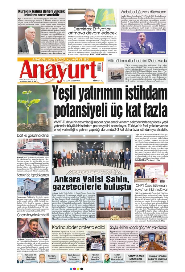 Anayurt Gazetesi 13 Ocak 2023, Cuma Günü Manşeti