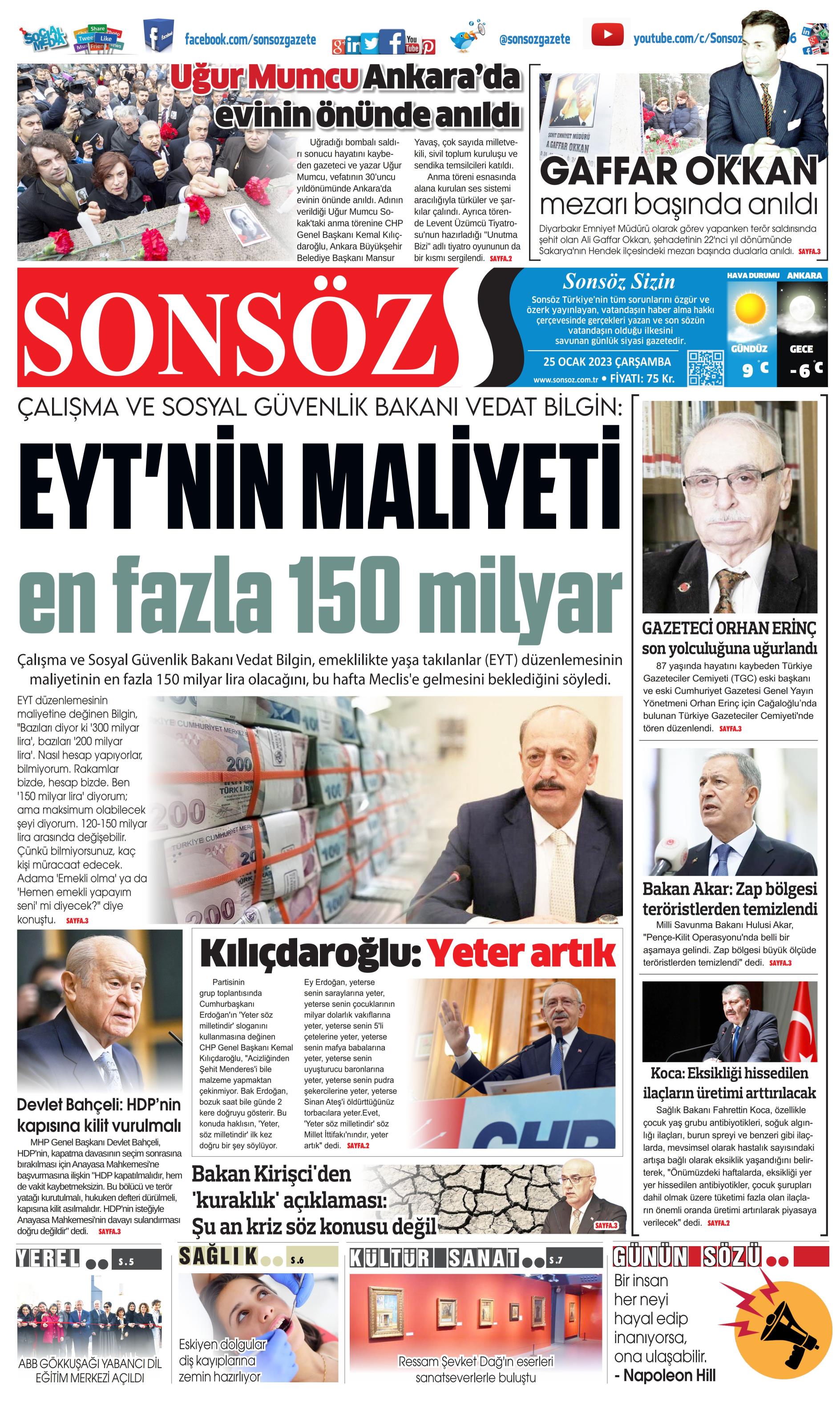 Sonsöz Gazetesi 25 Ocak 2023, Çarşamba Günü Manşeti