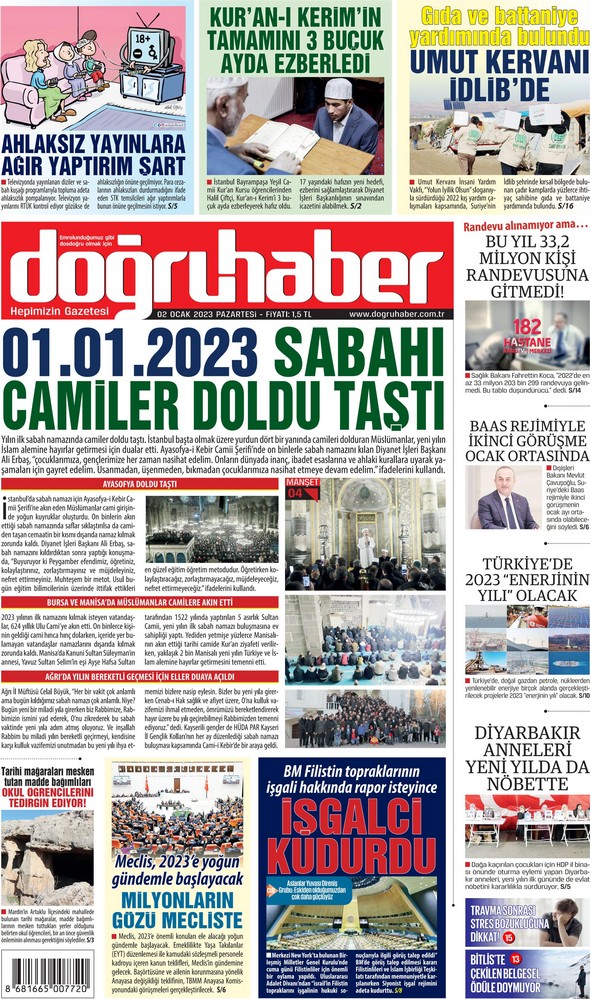 Doğruhaber Gazetesi 2 Ocak 2023, Pazartesi Günü Manşeti