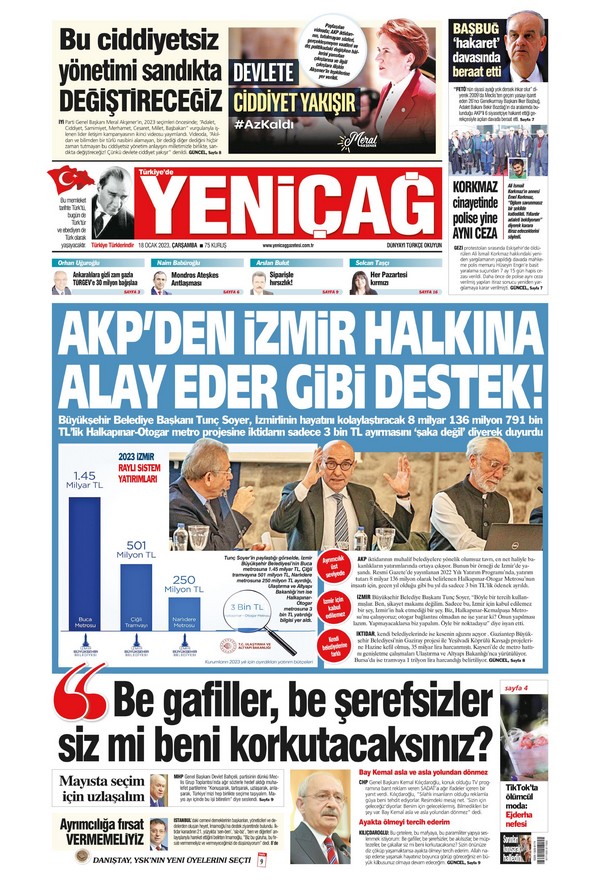 Yeniçağ Gazetesi 18 Ocak 2023, Çarşamba Günü Manşeti