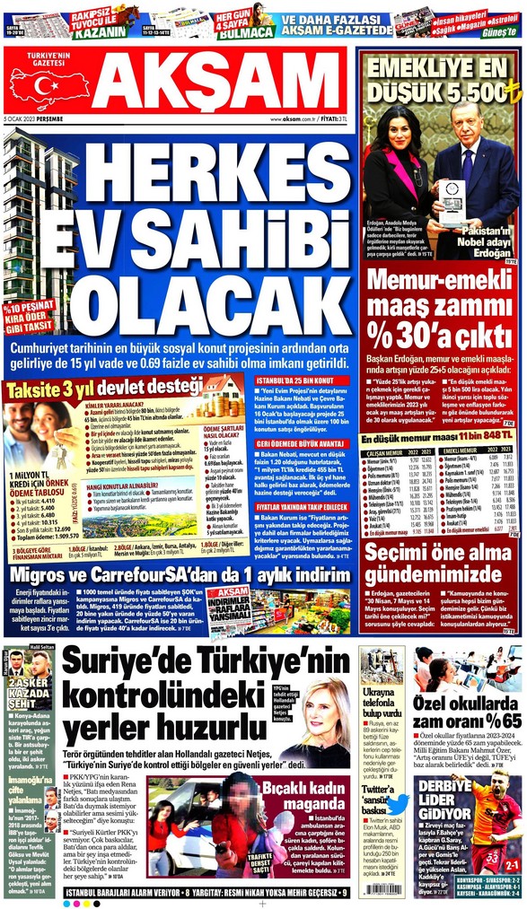 Akşam Gazetesi 5 Ocak 2023, Perşembe Günü Manşeti