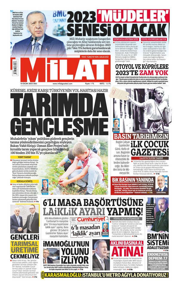 Milat Gazetesi 10 Ocak 2023, Salı Günü Manşeti