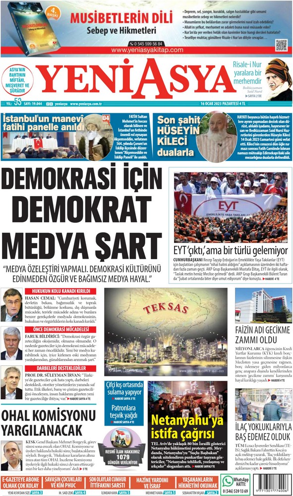 Yeni Asya Gazetesi 16 Ocak 2023, Pazartesi Günü Manşeti