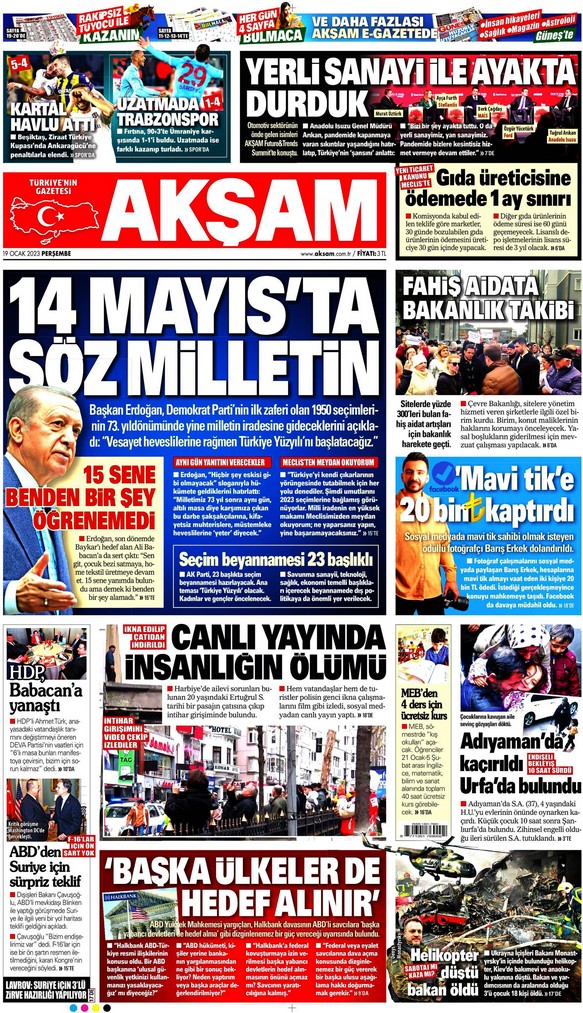 Akşam Gazetesi 19 Ocak 2023, Perşembe Günü Manşeti