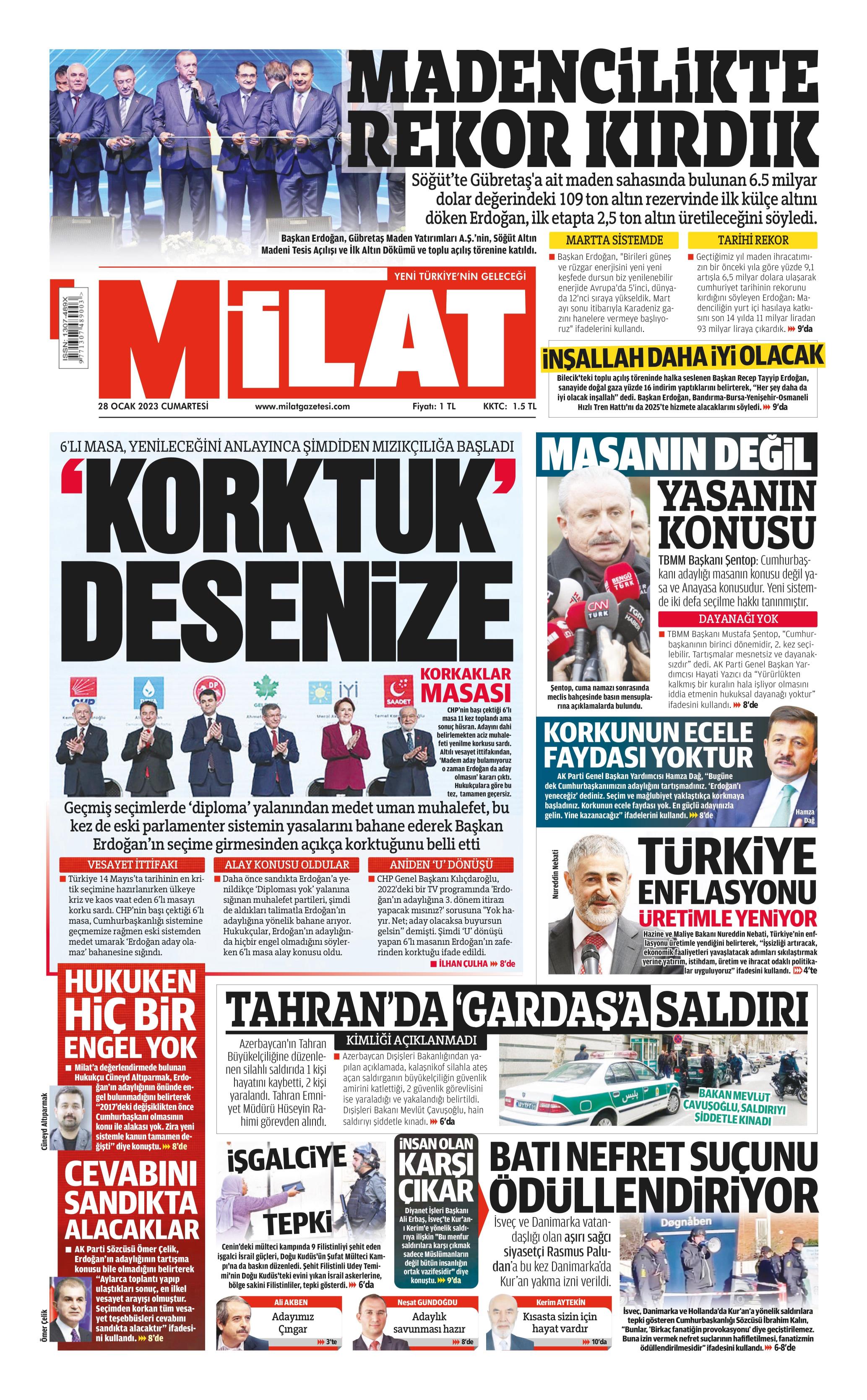 Milat 28 Ocak 2023, Cumartesi Günü Manşeti