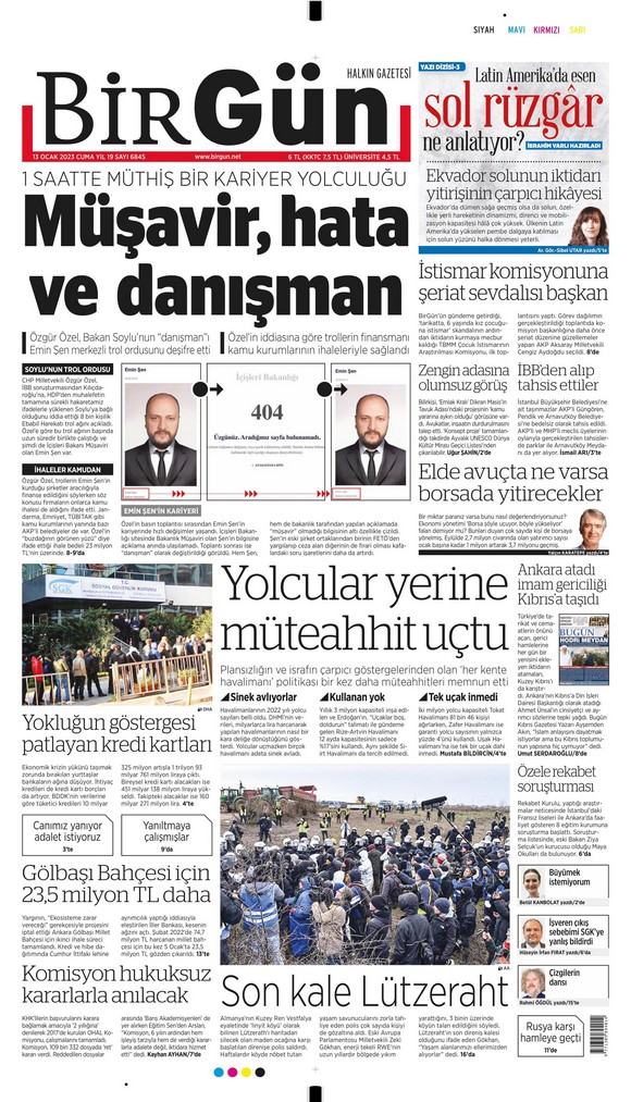 Birgün Gazetesi 13 Ocak 2023, Cuma Günü Manşeti