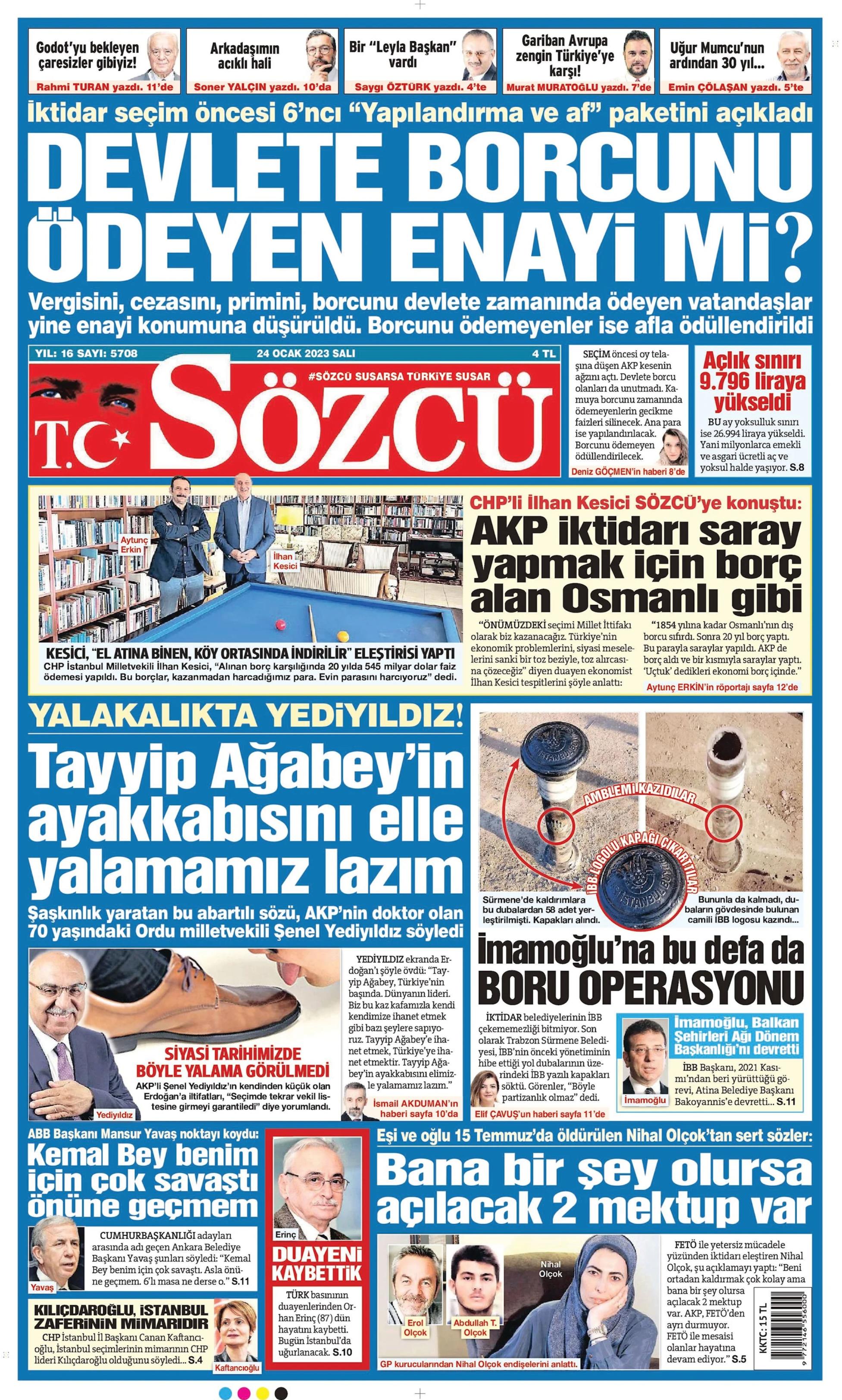 Sözcü Gazetesi 24 Ocak 2023, Salı Günü Manşeti