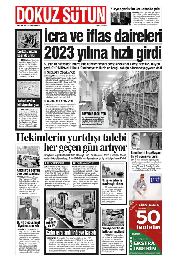 Dokuz Sütun Gazetesi 14 Ocak 2023, Cumartesi Günü Manşeti