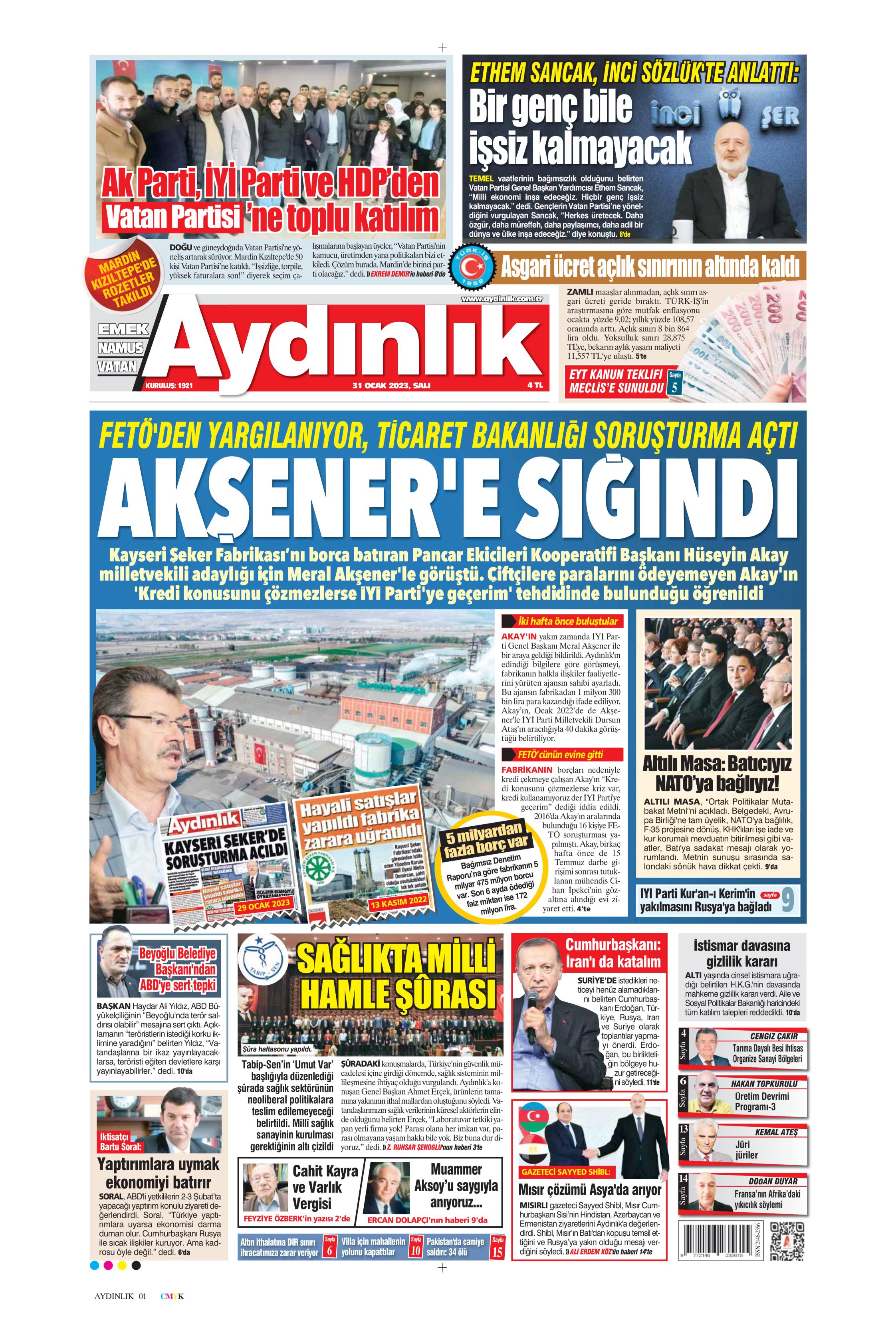 Aydınlık Gazetesi 31 Ocak 2023, Salı Günü Manşeti