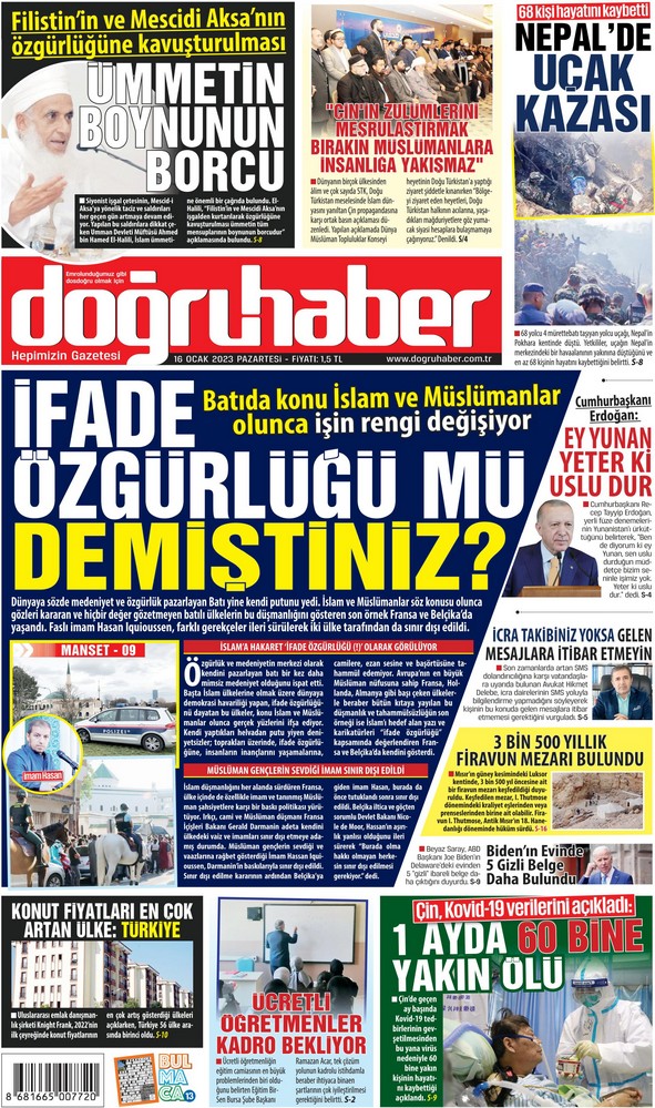 Doğruhaber Gazetesi 16 Ocak 2023, Pazartesi Günü Manşeti