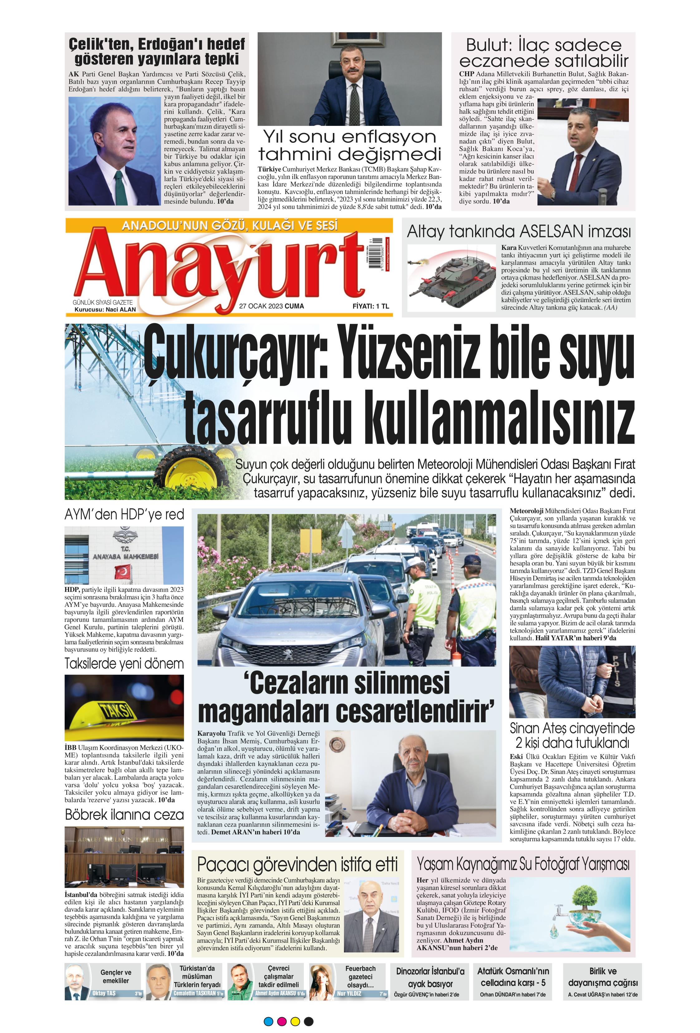 Anayurt Gazetesi 27 Ocak 2023, Cuma Günü Manşeti