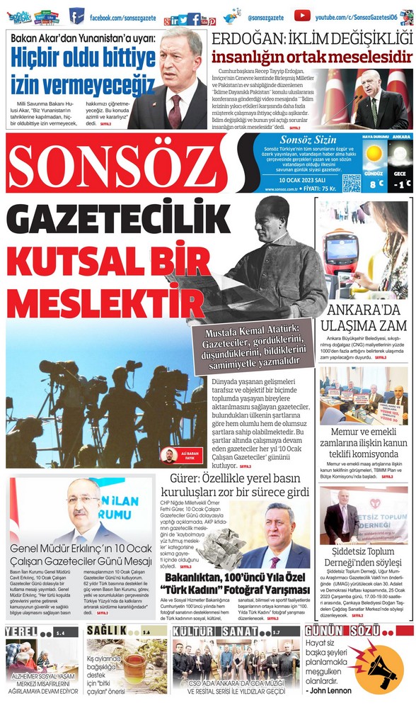 Sonsöz Gazetesi 10 Ocak 2023, Salı Günü Manşeti