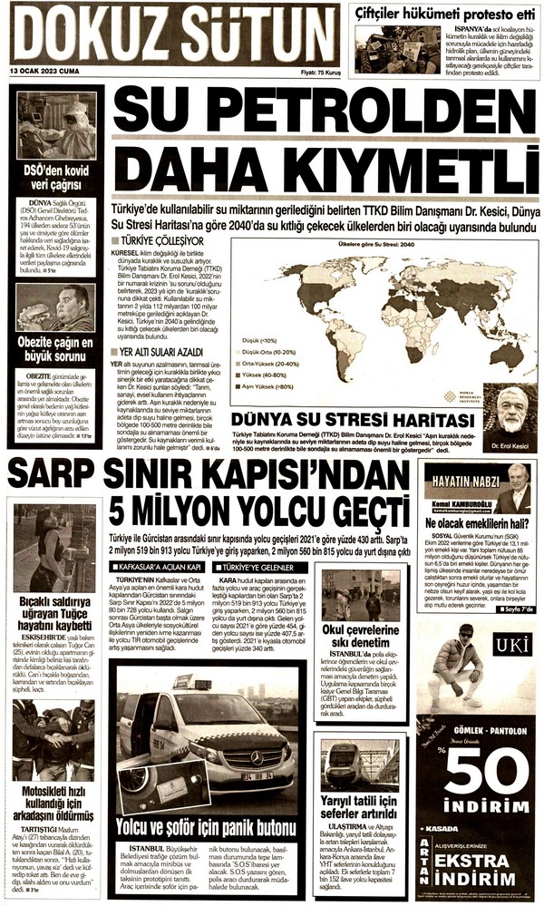 Dokuz Sütun Gazetesi 13 Ocak 2023, Cuma Günü Manşeti