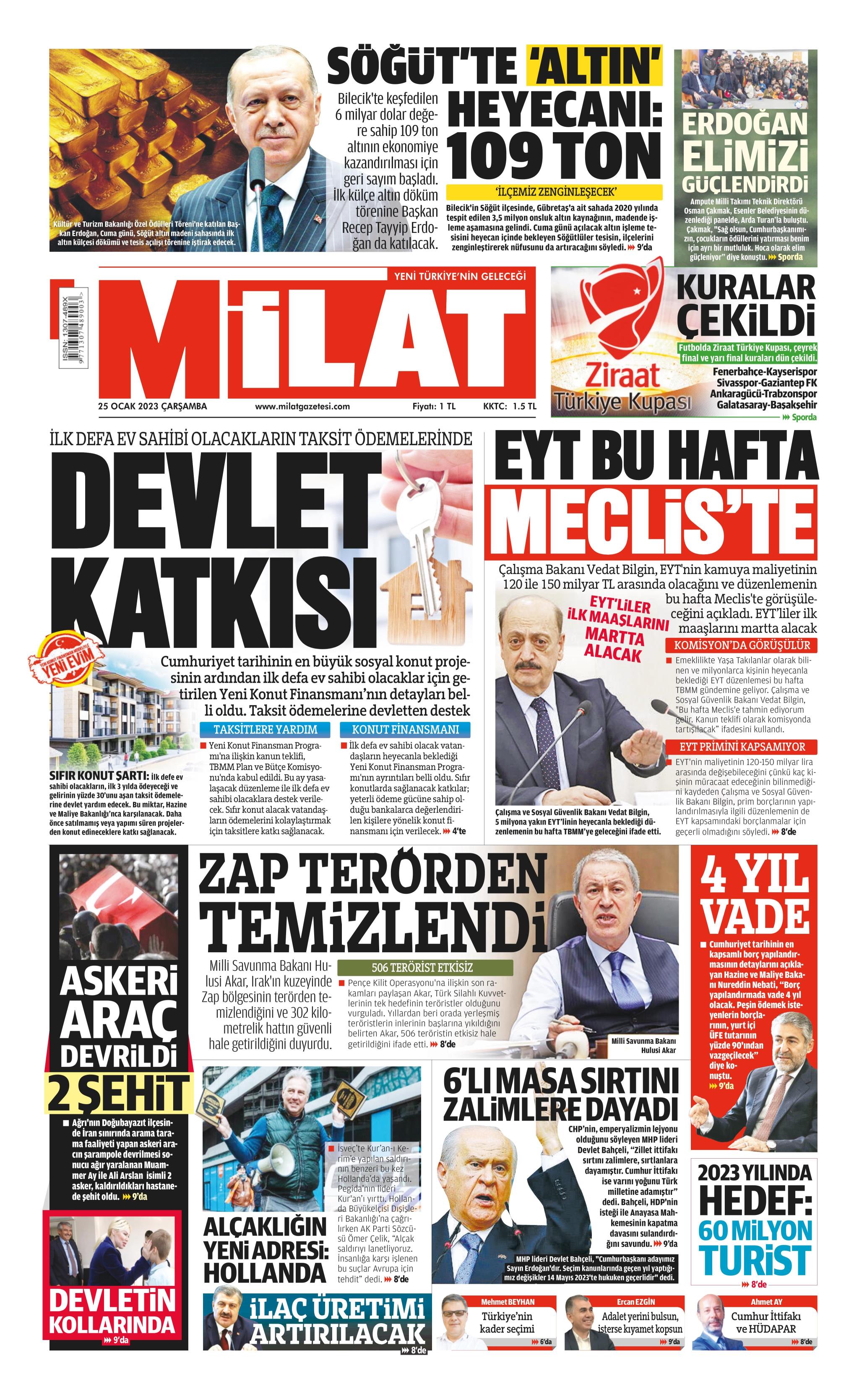 Milat Gazetesi 25 Ocak 2023, Çarşamba Günü Manşeti