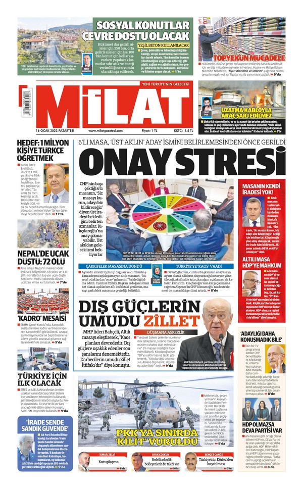 Milat Gazetesi 16 Ocak 2023, Pazartesi Günü Manşeti